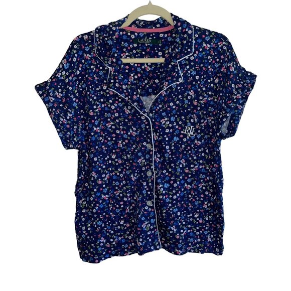 Ralph Lauren Womens Floral Print Pajama Top L Short Sleeve Button-Down Navy - Picture 1 of 7